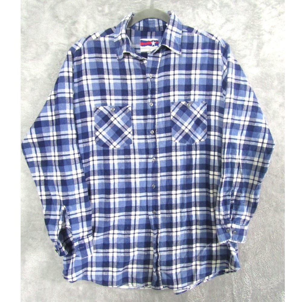 American Edition Plaid Flannel Shirt Blue White Long Sleeve Button Up LT